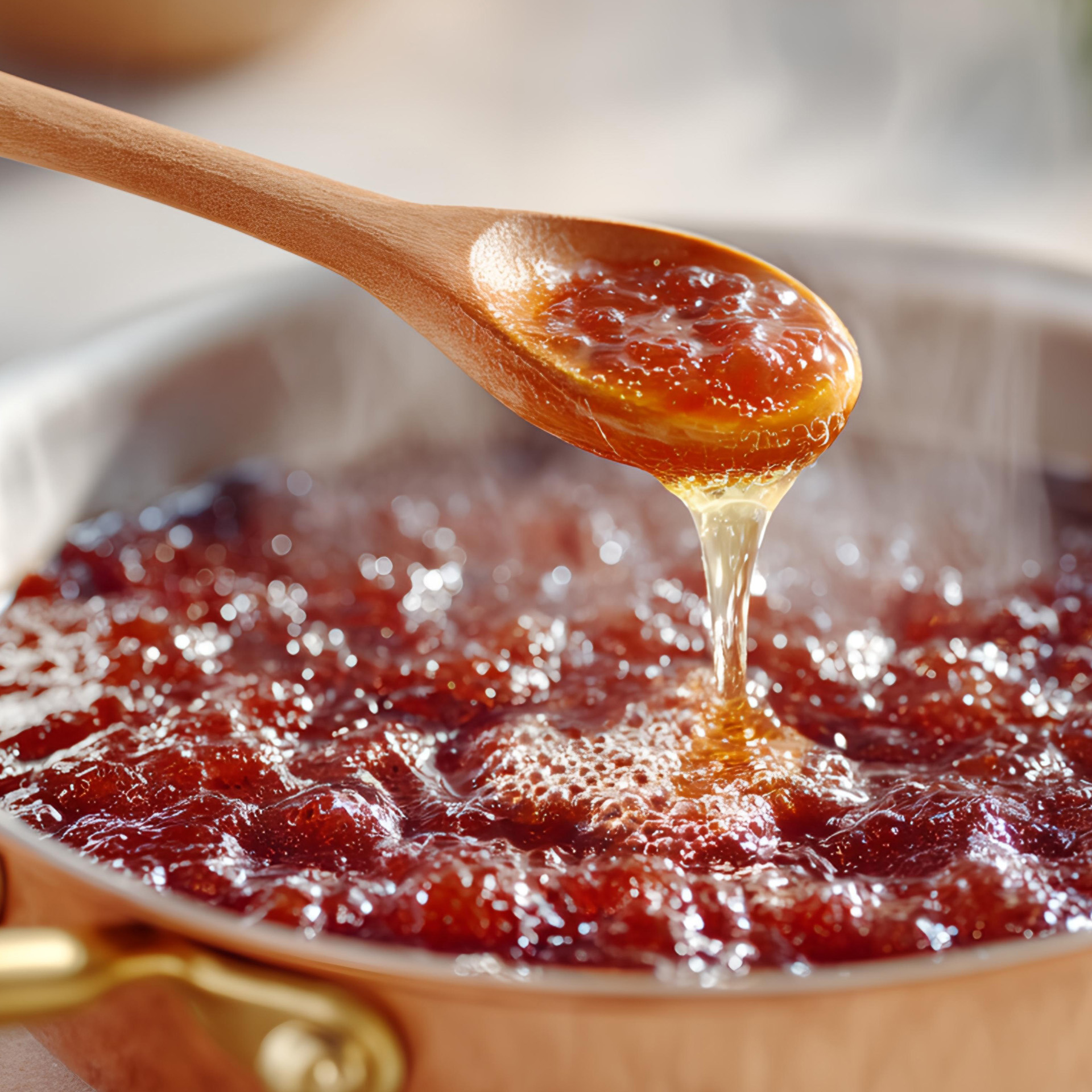 Kochtopf mit blubbernder Marmelade, ein Holzlöffel wird darin umgerührt – Symbol für handgemachte Konfitüren aus der Schwarzwälder Manufaktur