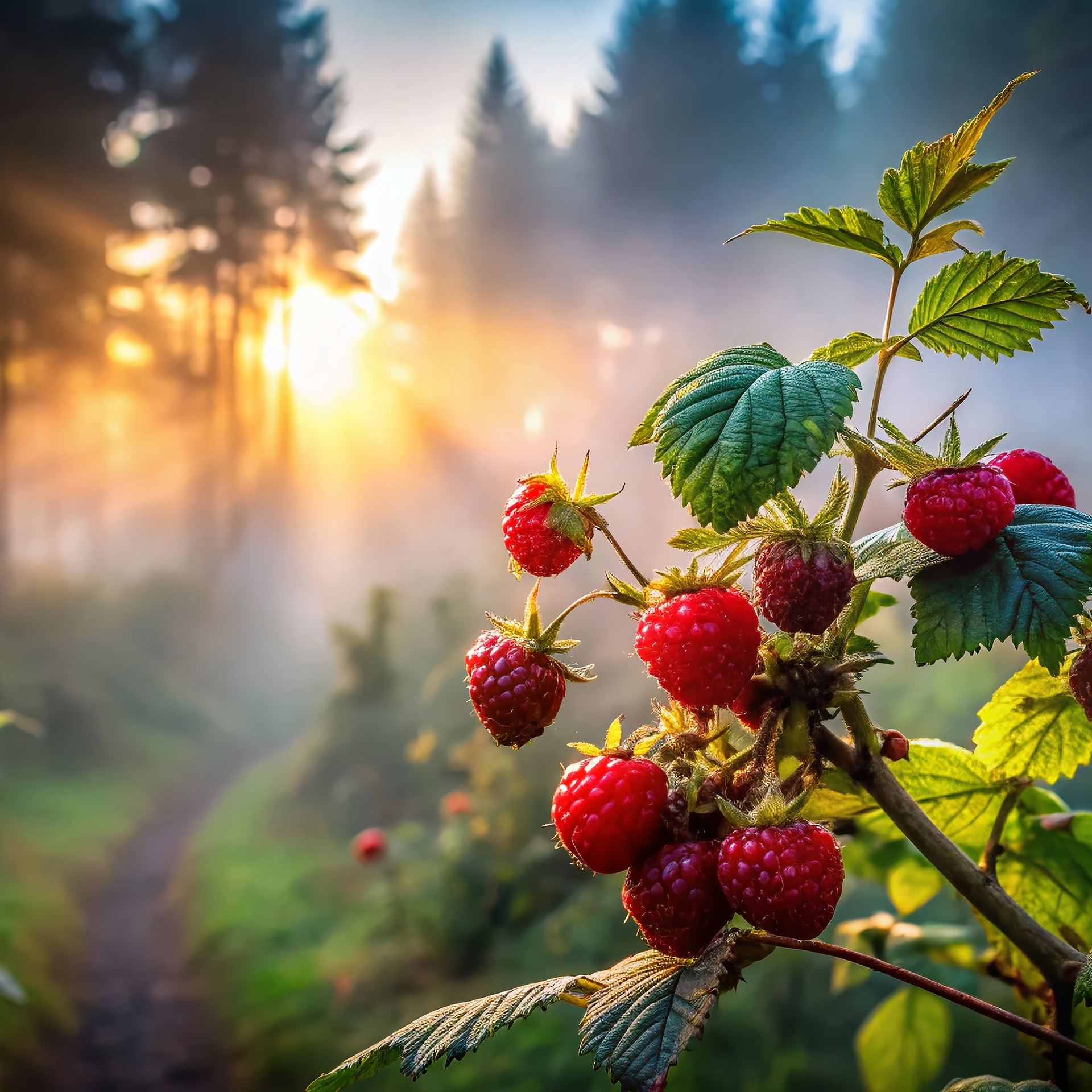 Schwarzwald im Nebel, Sonnenstrahlen fallen durch die Tannen, im Vordergrund ein Himbeerstrauch – Symbol für Natur, Frische und die Heimat unserer Konfitüren.