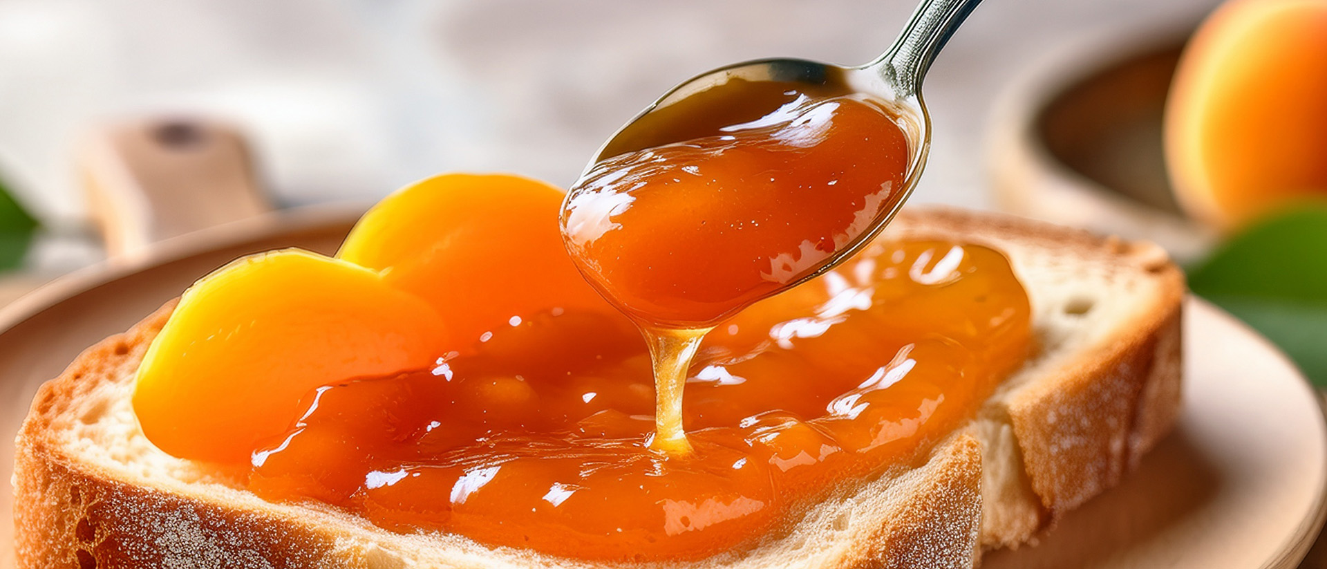 Ein Löffel träufelt gold-orange Marmelade auf ein frisches Brot, das auf einem Teller liegt – symbolisiert die vielfältigen Schwarzwälder Konfitüren.